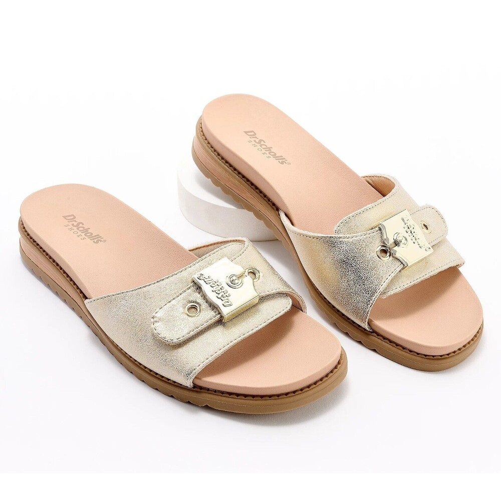 Dr. Scholl's Island Icon Buckle Slide Sandals Silver Metallic Women's 7M New